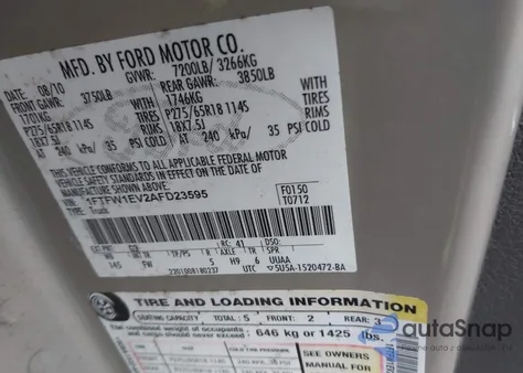 2010 Ford F-150 Fx4/Harley-Davidson/King Ranch/Lariat/Platinum/Xl/Xlt from USA, damaged, VIN 1FTFW1EV2AFD23595